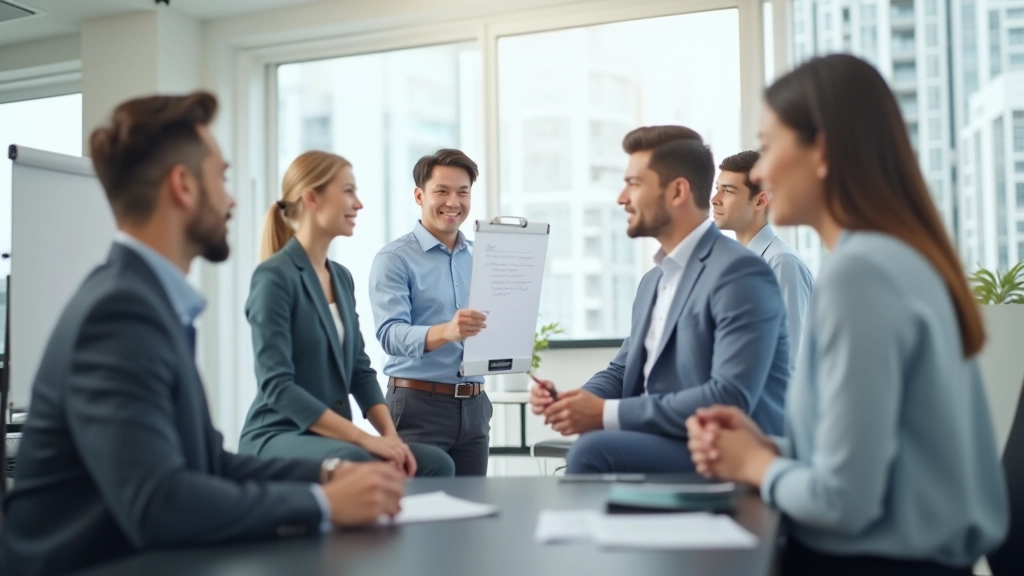 Team in collaborative brainstorming session, diverse group engaged in discussion, positive energy, sticky notes on whiteboard